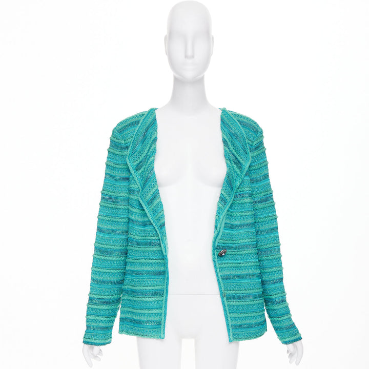 ST JOHN COUTURE turquoise blue multi knit strass button cardigan US14 3XL