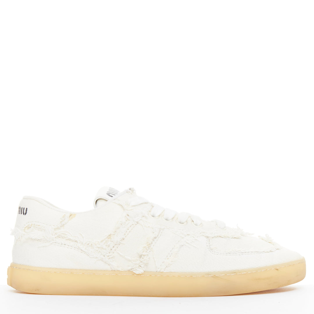 MIU MIU Denim beige raw cut frayed canvas skateboard sneakers EU37
