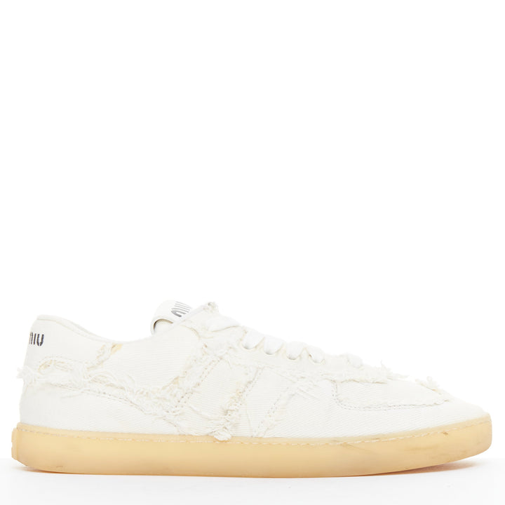 MIU MIU Denim beige raw cut frayed canvas skateboard sneakers EU37