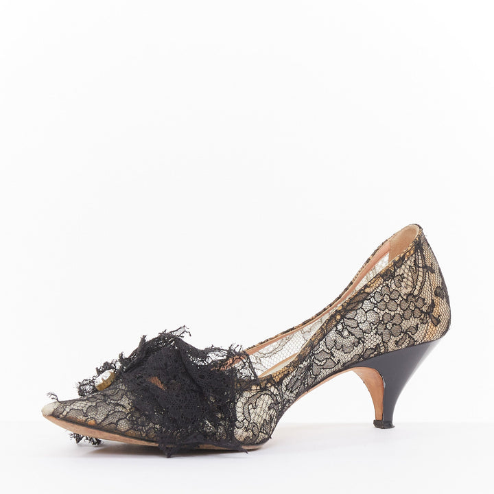 ROCHAS black floral lace mesh pom pom rosette point toe kitten heel pumps EU36