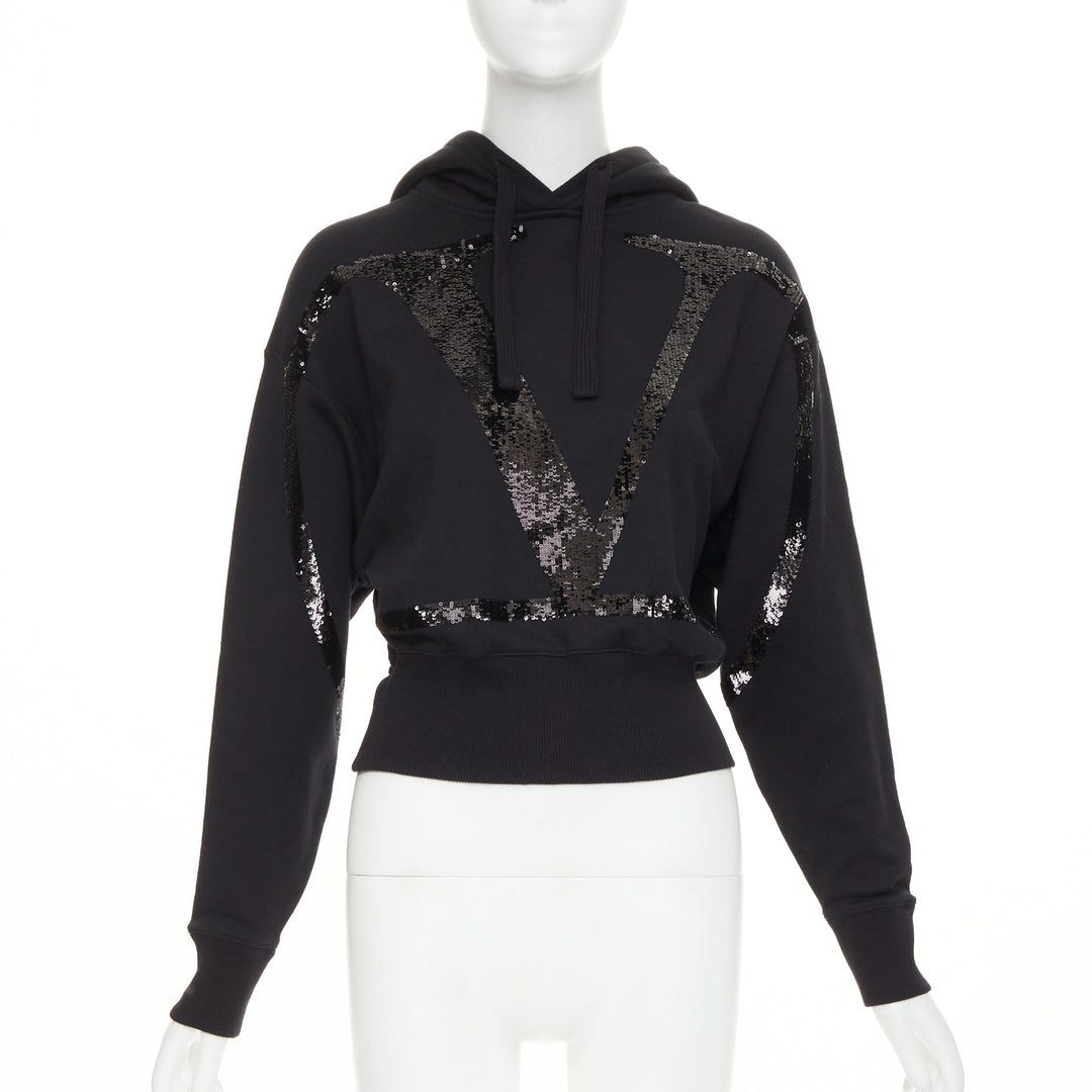 VALENTINO black cotton blend VLogo Signature sequin cropped hoodie XS