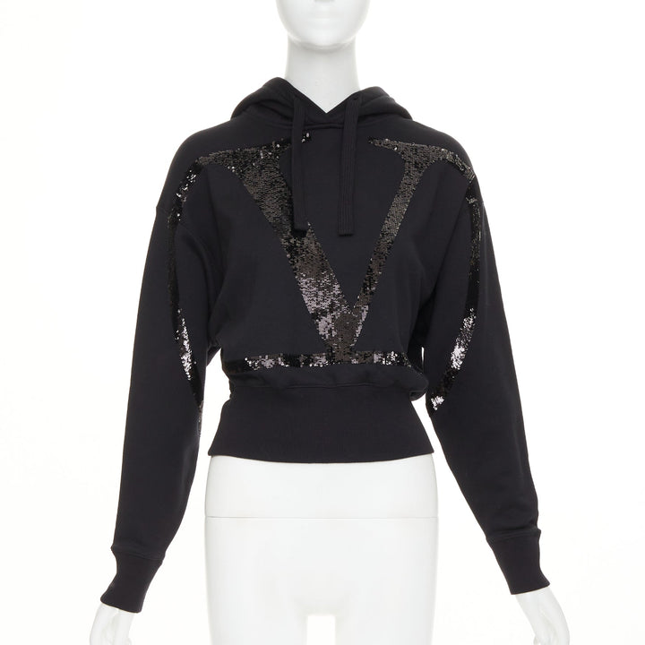 VALENTINO black cotton blend VLogo Signature sequin cropped hoodie XS