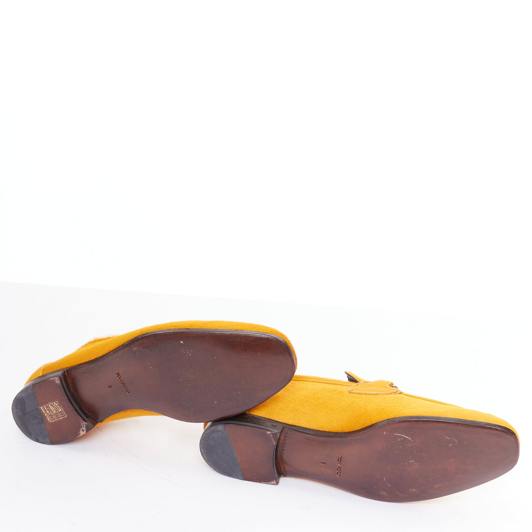 TOM FORD mustard yellow calf hair gold chain velvet moccasin loafers UK8 EU42