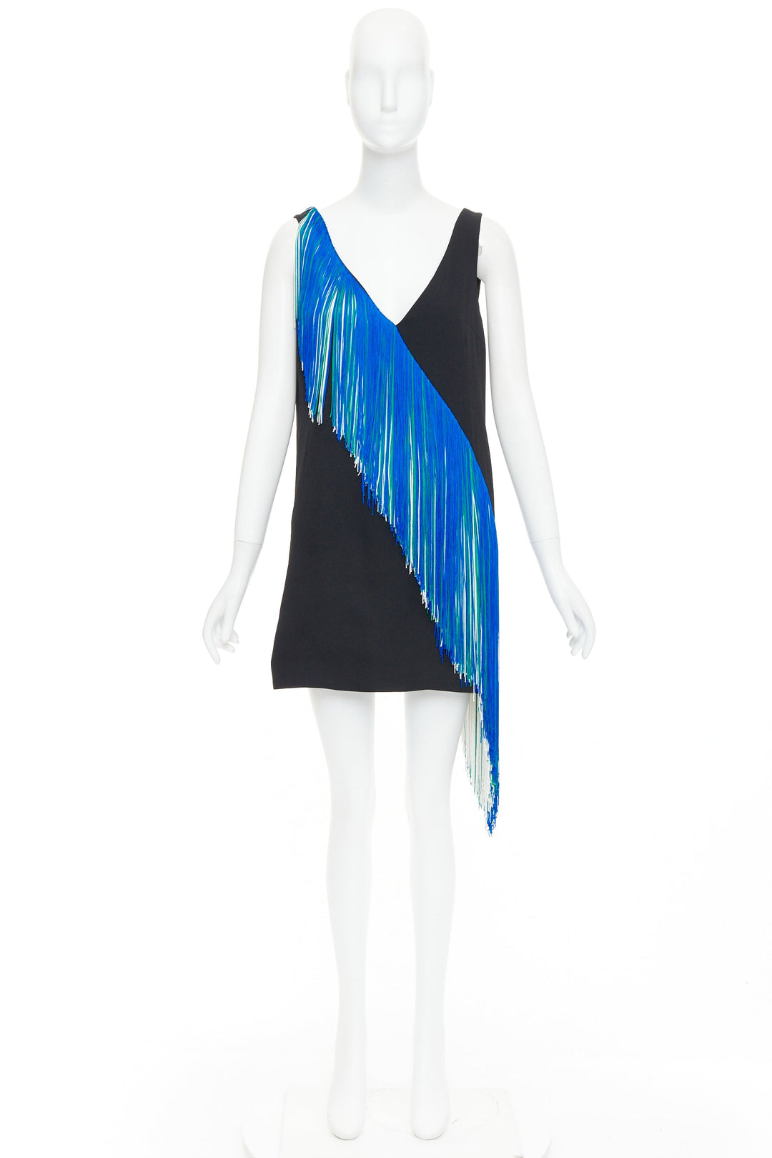 CHRISTOPHER KANE 2016 Runway Asymmetric Fringing Strip blue fringe dress UK8 S