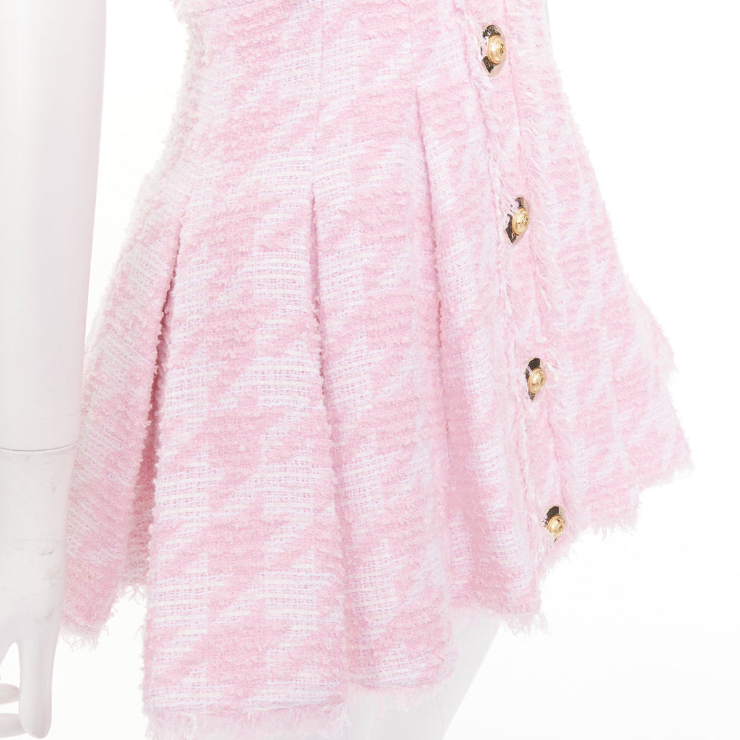 BALMAIN 2025 pink white houndstooth tweed flared min dress FR36 S Taylor Swift
