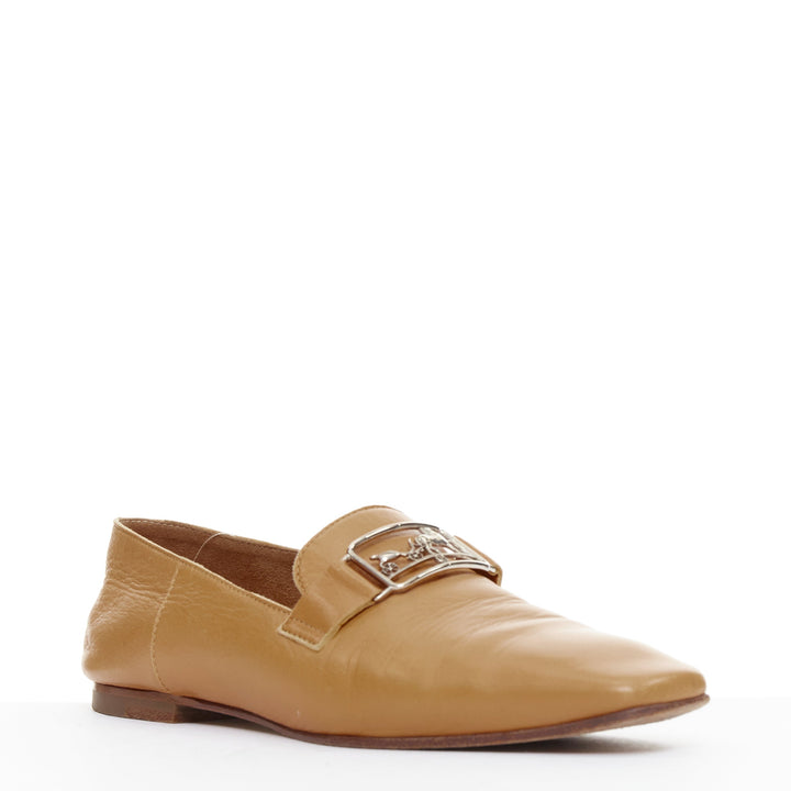 HERMES Time tan brown smooth leather horse carriage buckle flat loafers EU35