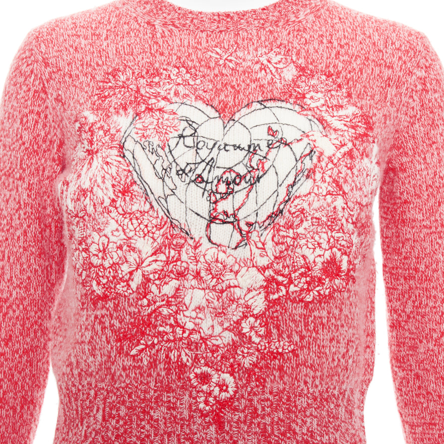 DIOR 2021 Dioramour red cream wool cashmere heart sweater FR36 S