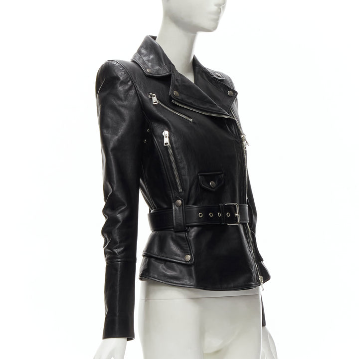 ALEXANDER MCQUEEN 2010 black leather belted peplum biker jacket IT38 XS