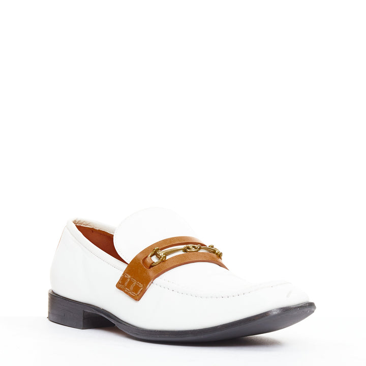 OLD CELINE Phoebe Philo white goat leather brown Triomphe horsebit loafer EU37.5