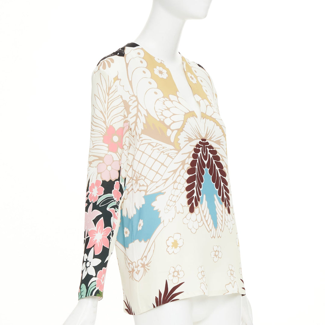 VALENTINO beige floral 18th century tapestry v neck tunic silk blouse IT36 XXS