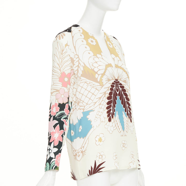 VALENTINO beige floral 18th century tapestry v neck tunic silk blouse IT36 XXS