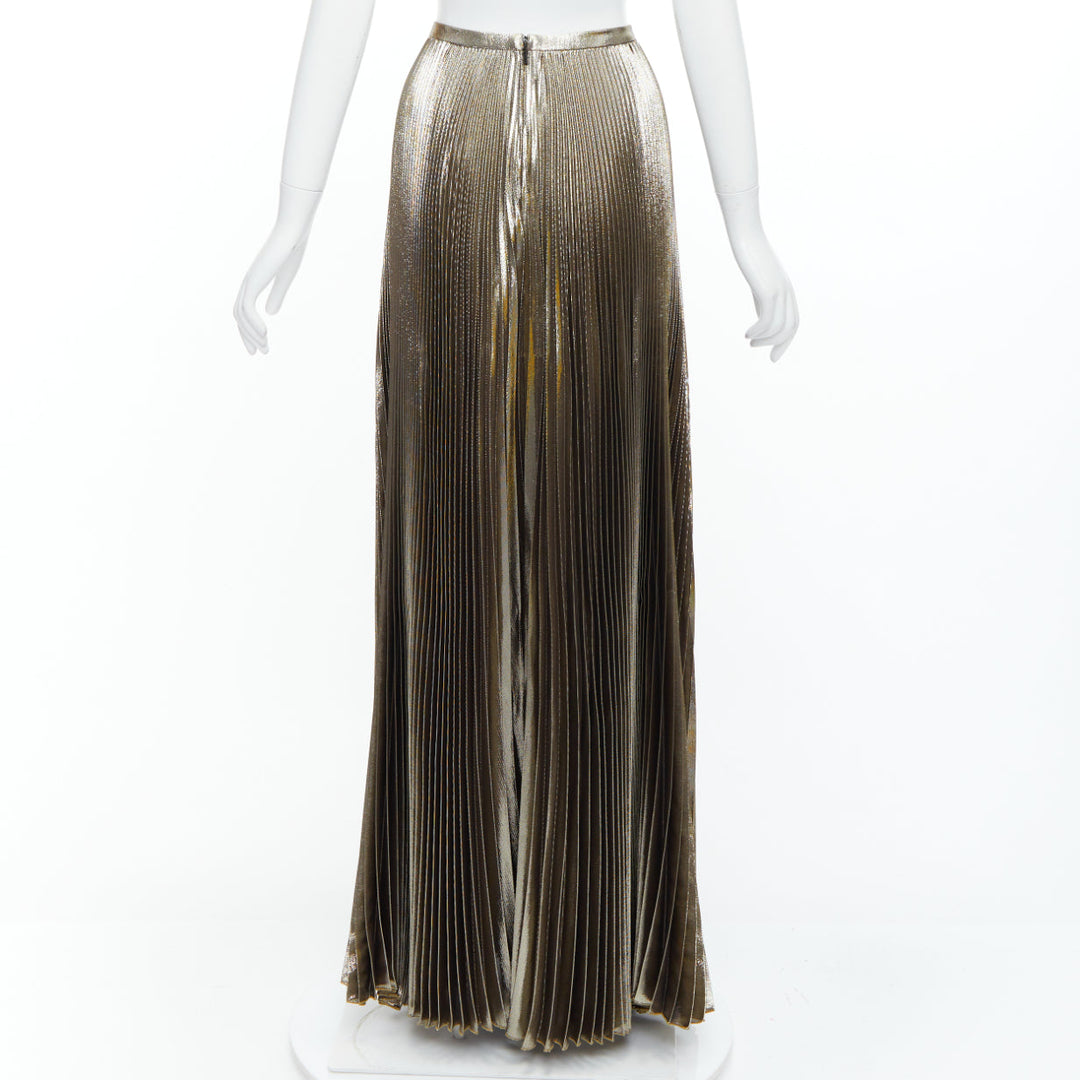 VERSACE 2017 metallic gold silk-lame baroque trim pleated full skirt IT42 M