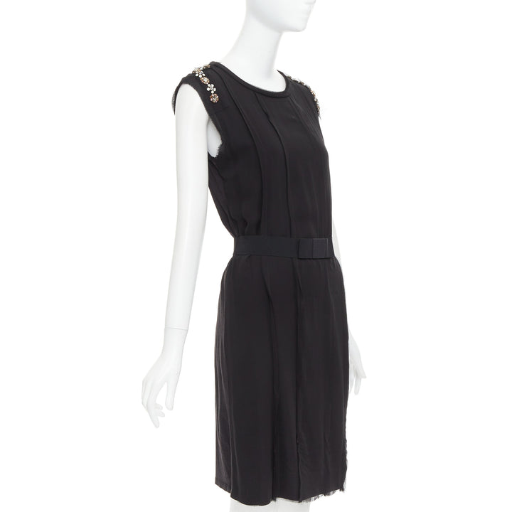 LANVIN black bamboo cotton crystal rhinestone belted dress M