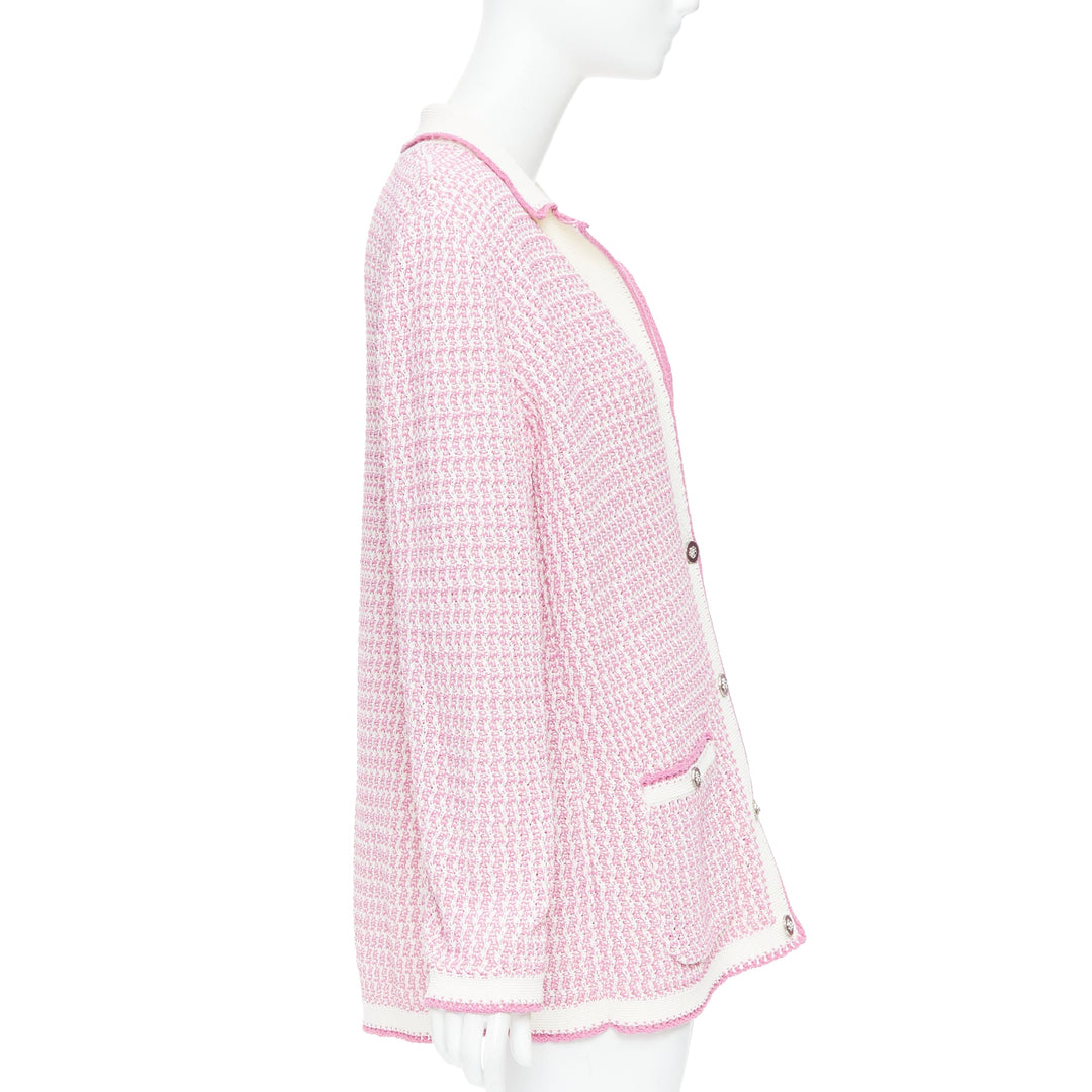 CHANEL 2022 pink white tweed metallic buttons long knit cardigan FR42 XL