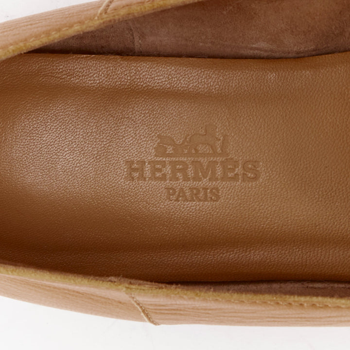 HERMES Time tan brown smooth leather horse carriage buckle flat loafers EU35