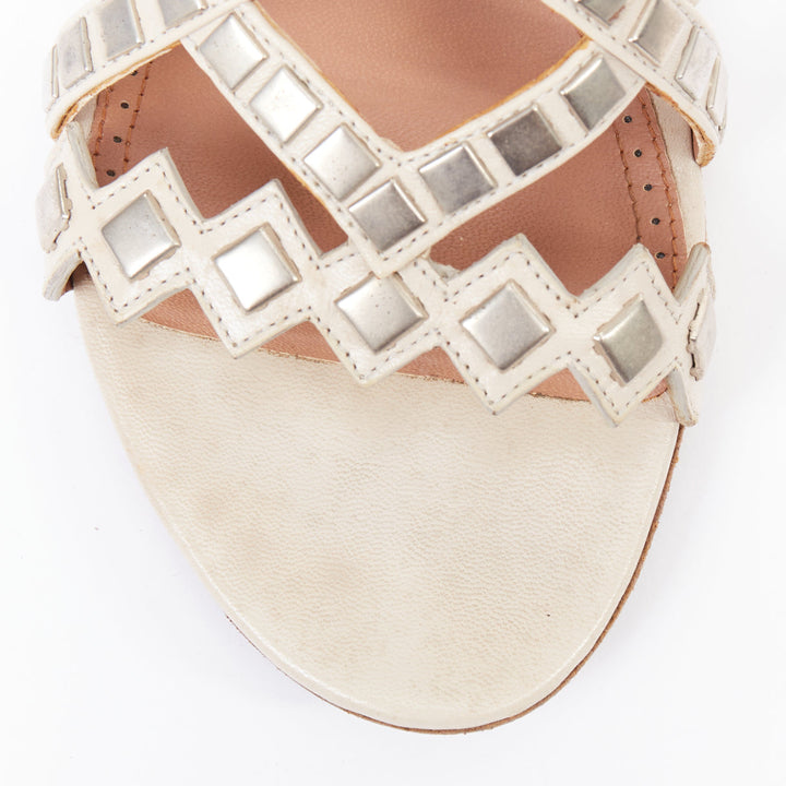 ALAIA silver square studded nude leather flat gladiator sandals EU36.5