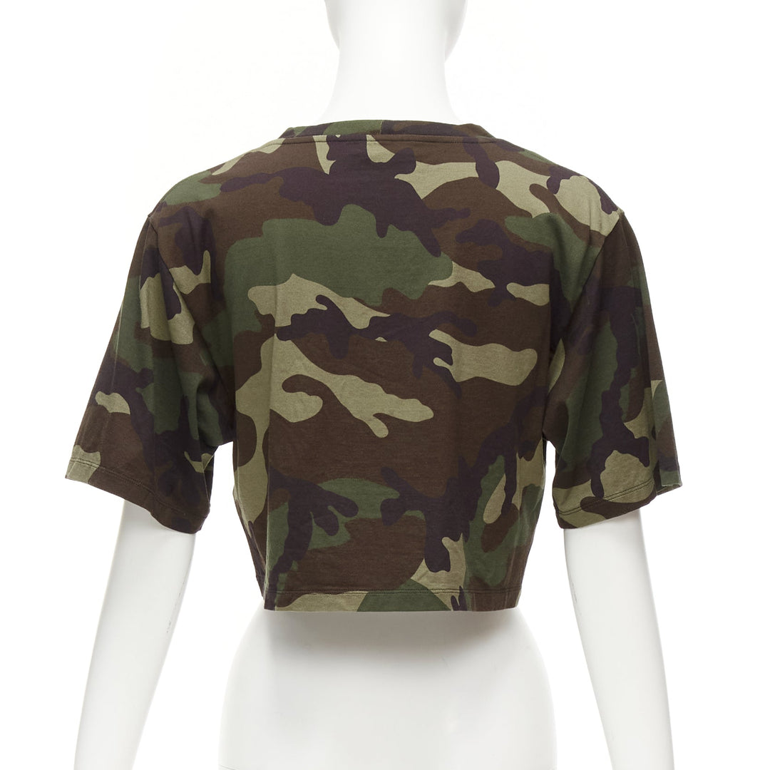 CELINE green camouflage cotton big white logo cropped tshirt top XS