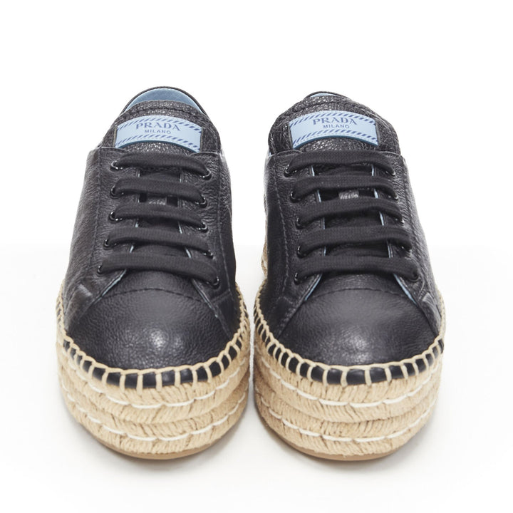 PRADA black leather signature logo double platform jute espadrille EU38.5