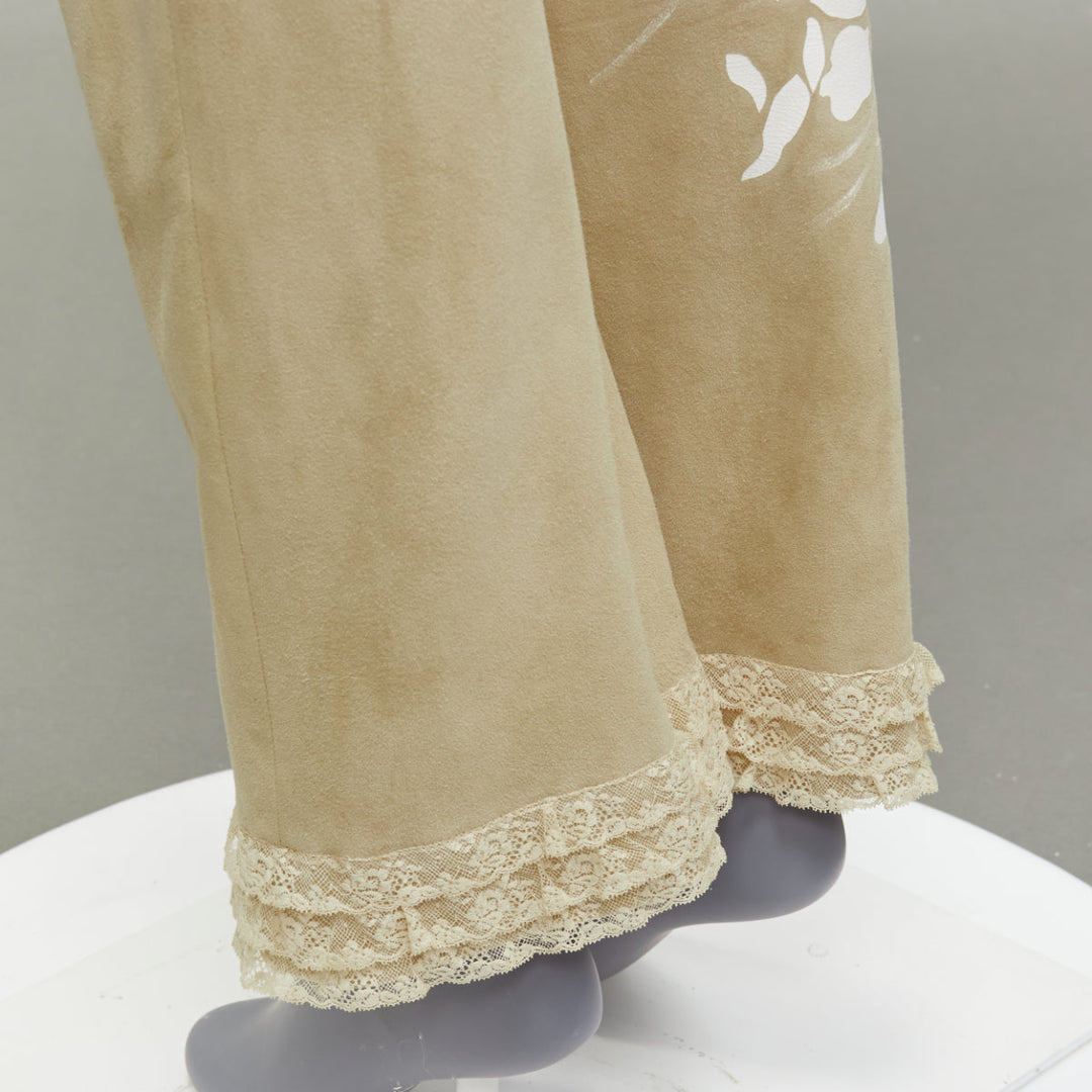 VALENTINO Vintage beige hand painted floral lambskin suede leather pants UK6 XS