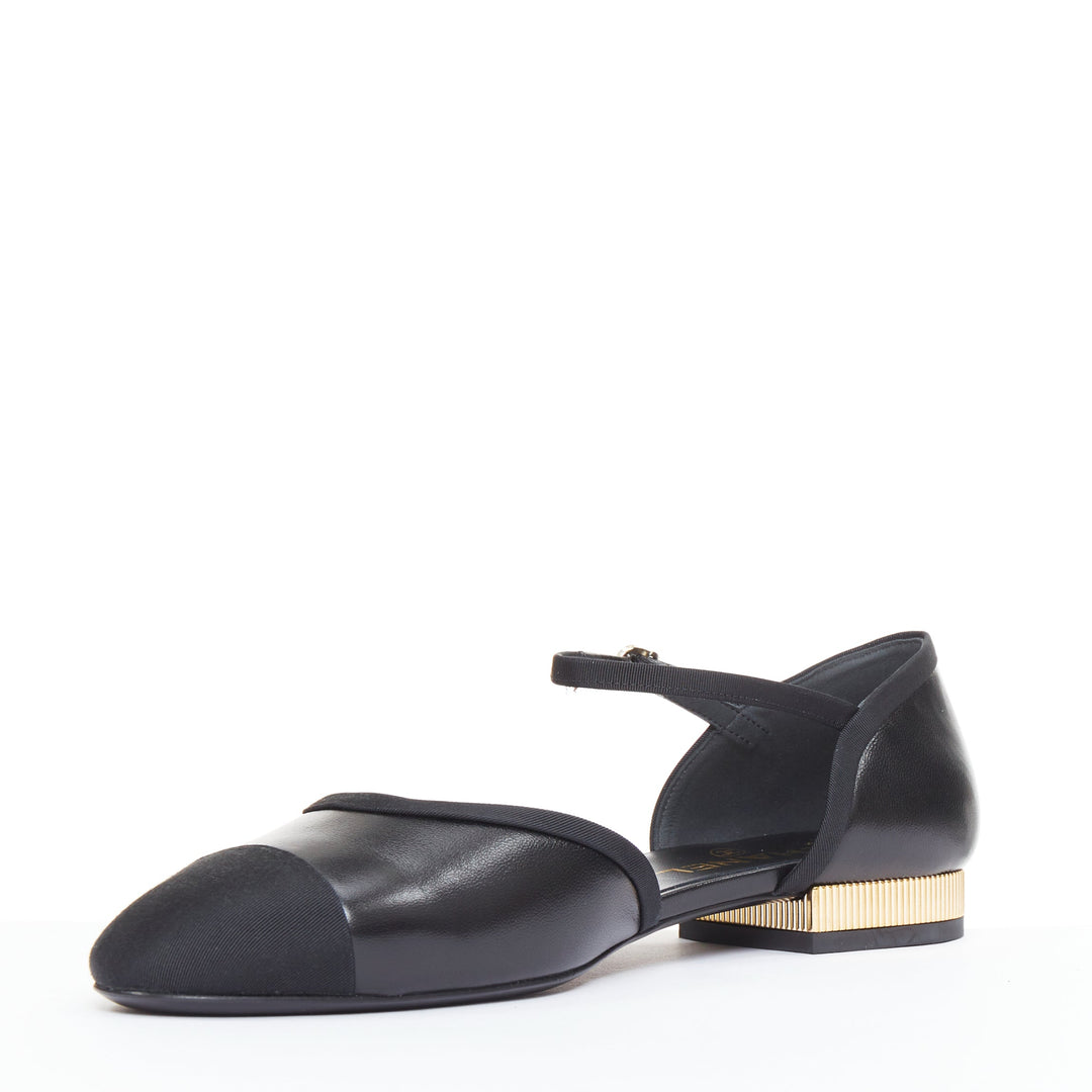 CHANEL 20C black leather grosgrain cap toe gold CC heel mary jane flats EU40