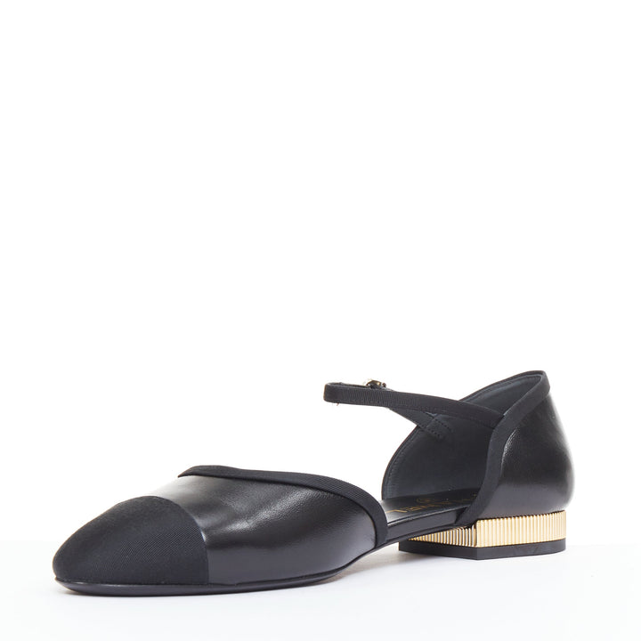 CHANEL 20C black leather grosgrain cap toe gold CC heel mary jane flats EU40