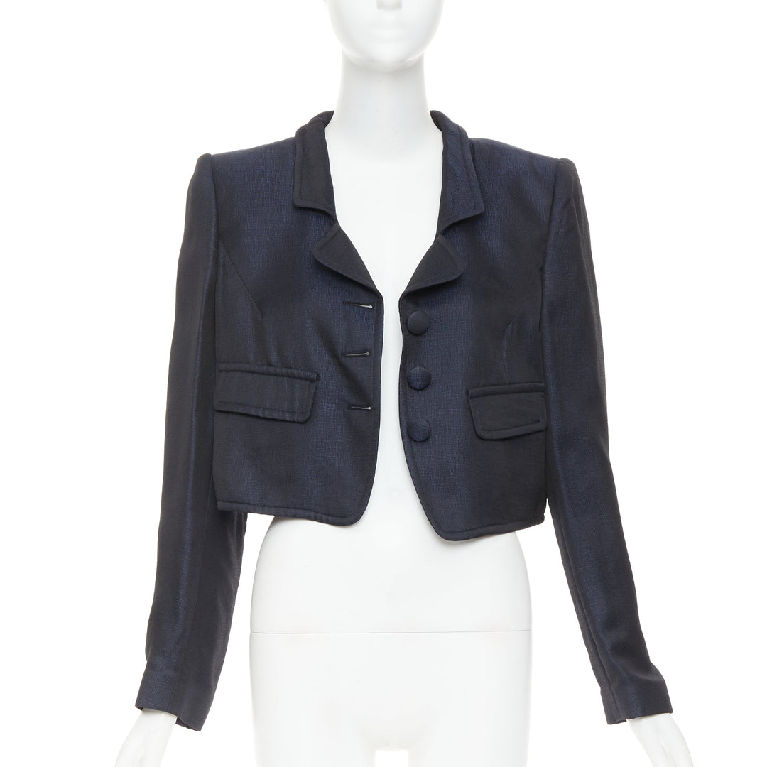 GIORGIO ARMANI navy textured flap pockets cropped evening jacket blazer IT46 XL