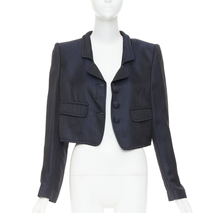 GIORGIO ARMANI navy textured flap pockets cropped evening jacket blazer IT46 XL