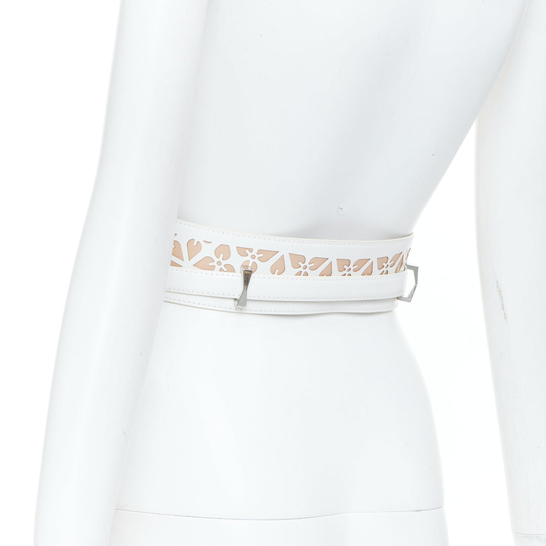 ALEXANDER MCQUEEN white laser cut leather floral silhouette waist belt 65cm