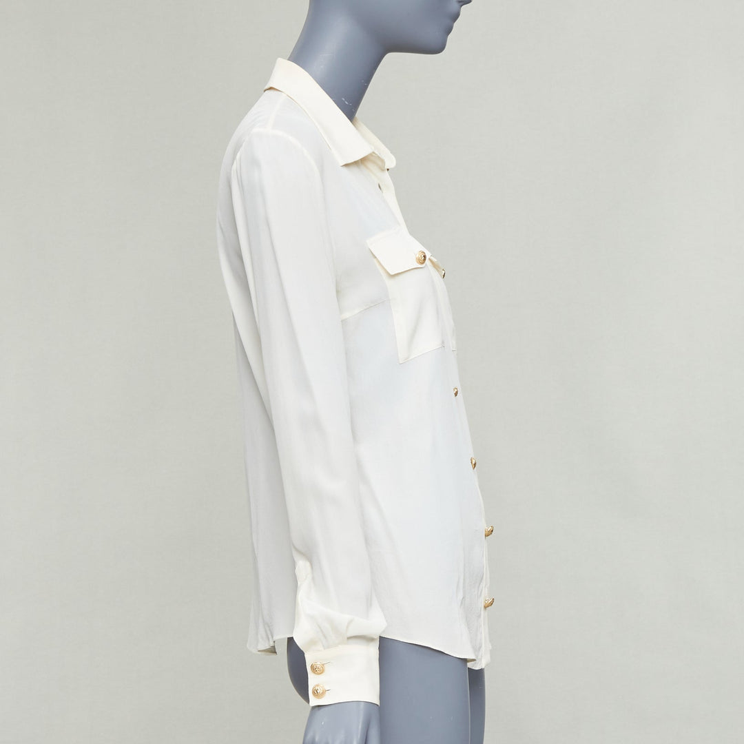 BALMAIN cream 100% silk gold buttons pocketed military blouse FR36 S