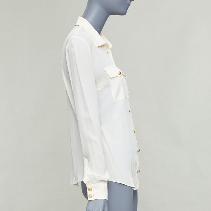 BALMAIN cream 100% silk gold buttons pocketed military blouse FR36 S