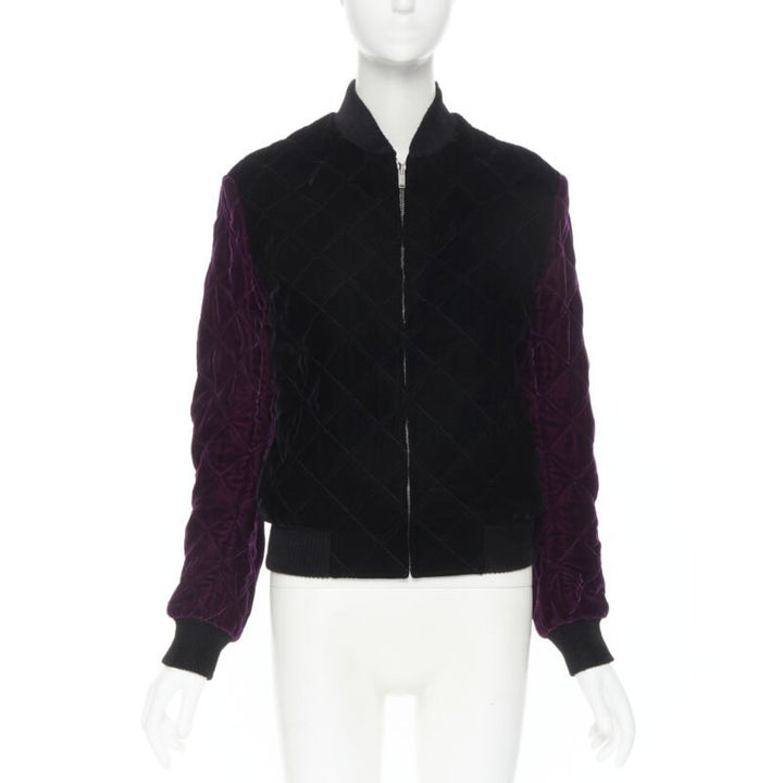 SAINT LAURENT 2018 Teddy black purple diamond quilted bomber jacket EU44 XS