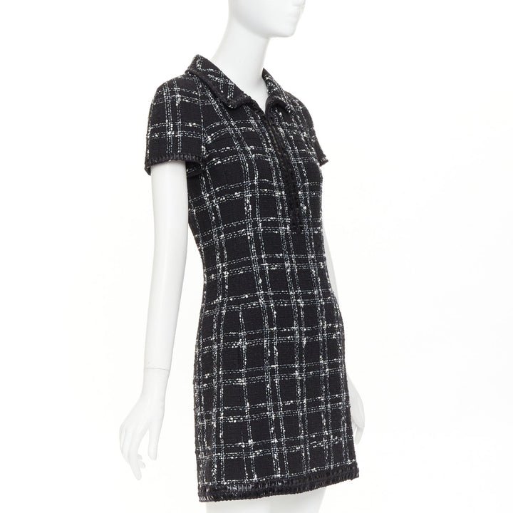 CHANEL 2007 black white check plaid bow collar fringe tweed dress FR36 S