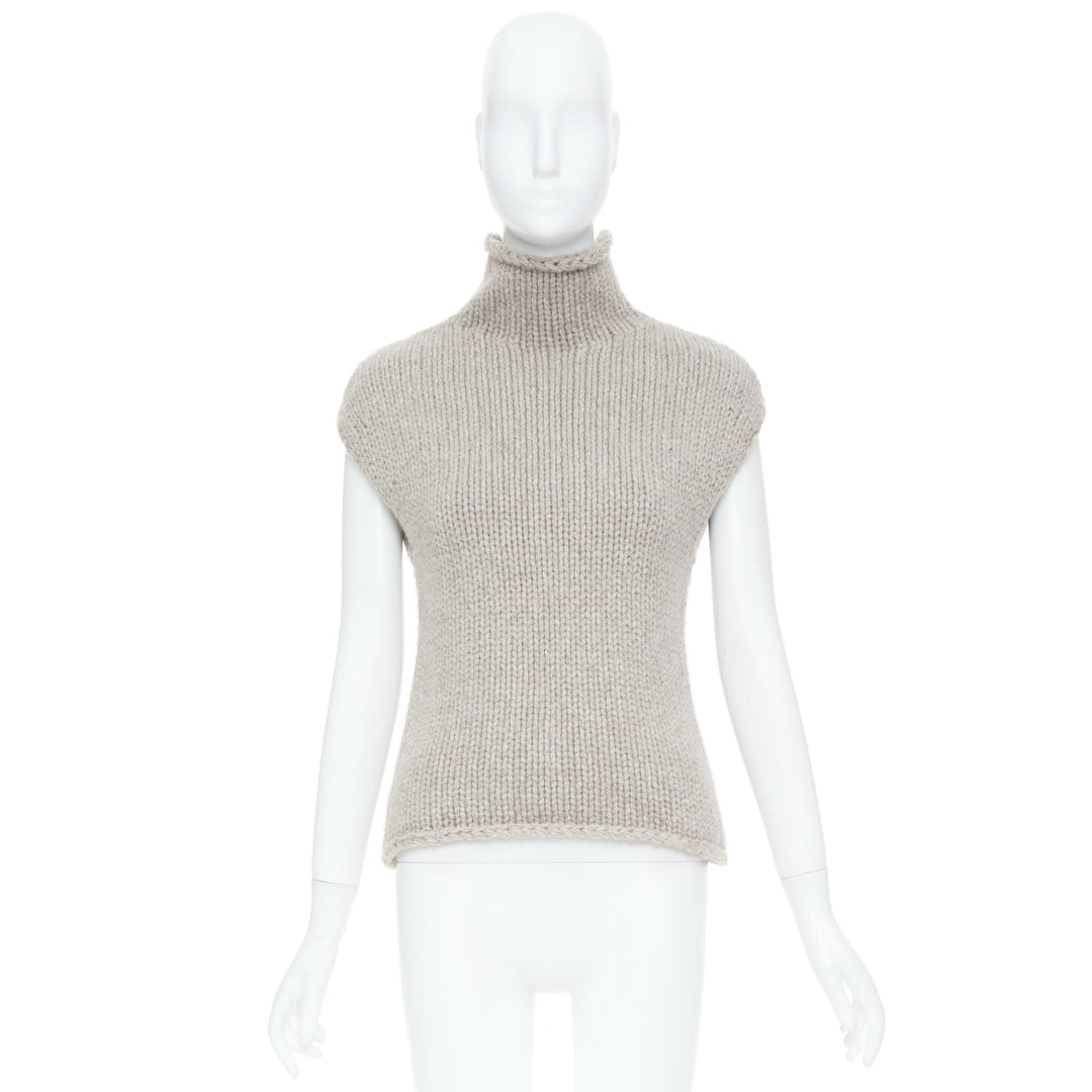 KHAITE taupe beige heavy wool cashmere chunky knit turtleneck sweater vest XS