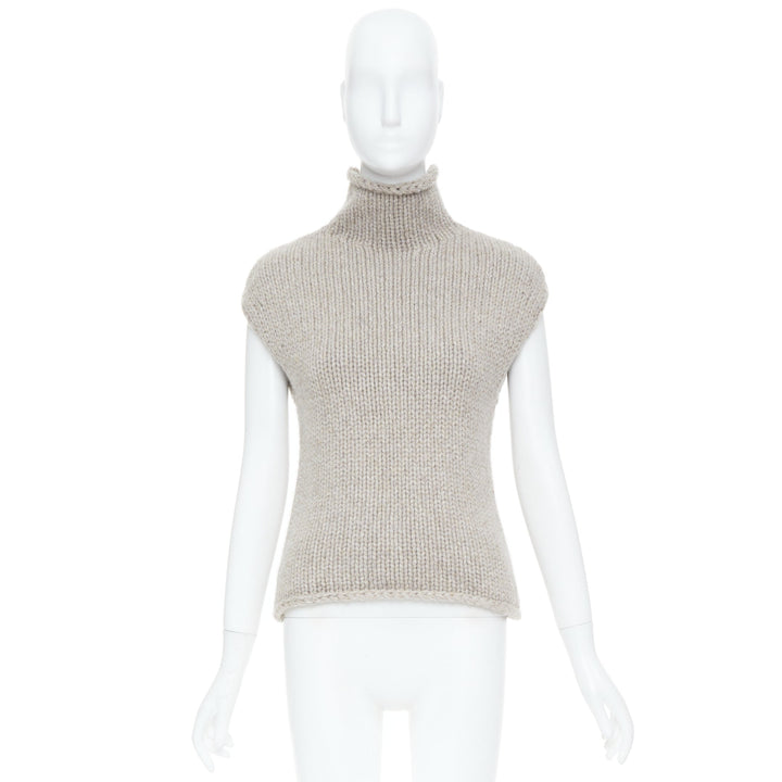 KHAITE taupe beige heavy wool cashmere chunky knit turtleneck sweater vest XS