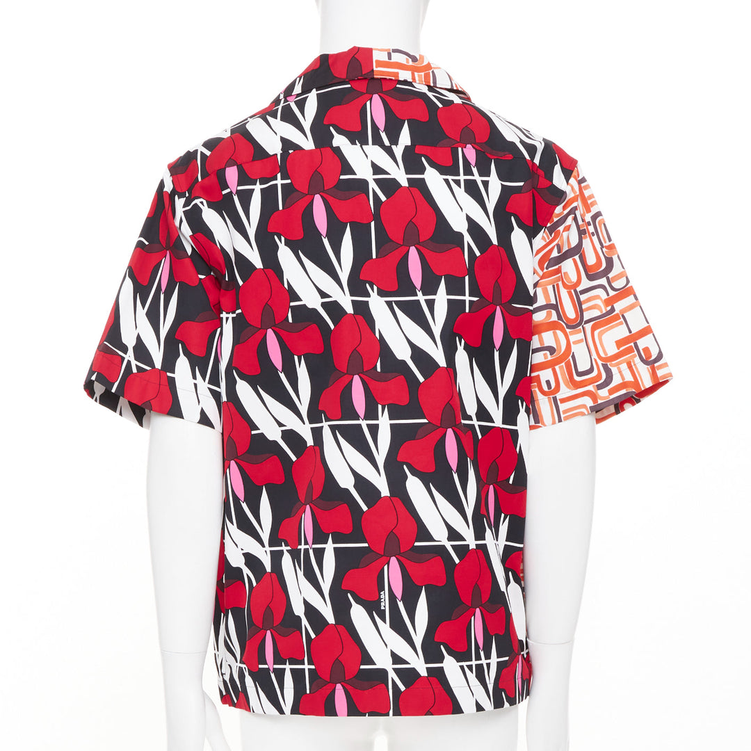 PRADA 2021 Runway Double Match geometric iris red floral split bowling shirt M
