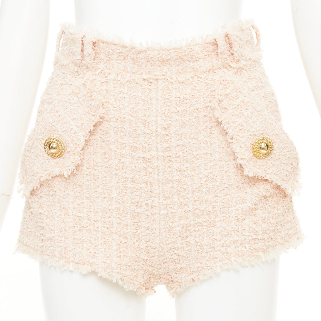 BALMAIN 2024 pink fringe lion head button high waist boucle tweed shorts FR34 XS