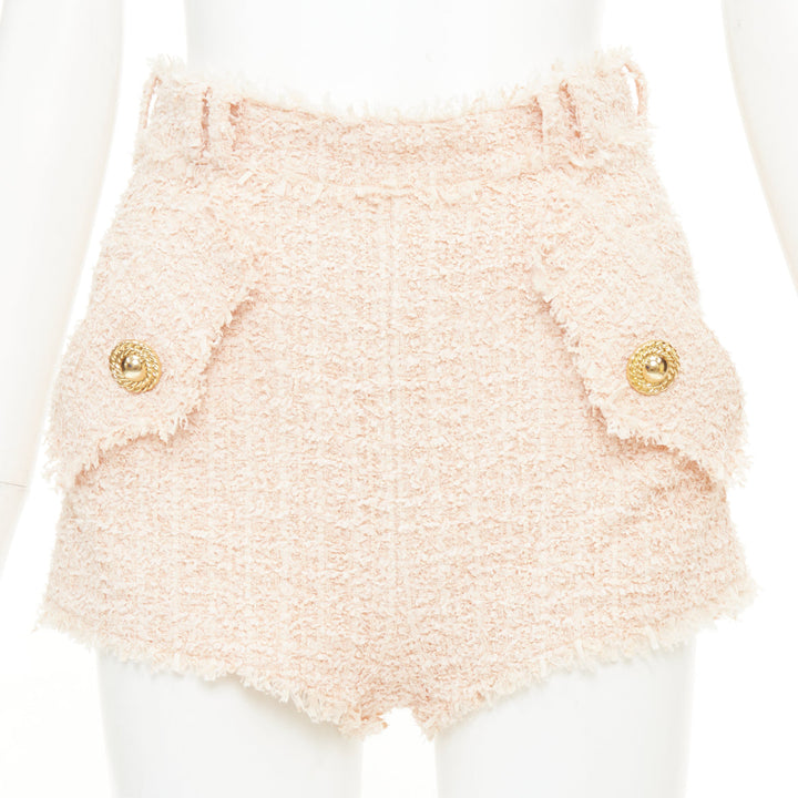 BALMAIN 2024 pink fringe lion head button high waist boucle tweed shorts FR34 XS