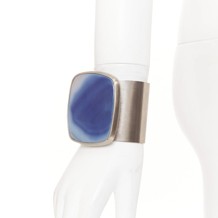 CHANEL B12A blue cushion cabochon stone CC engraved brushed silver cuff bangle