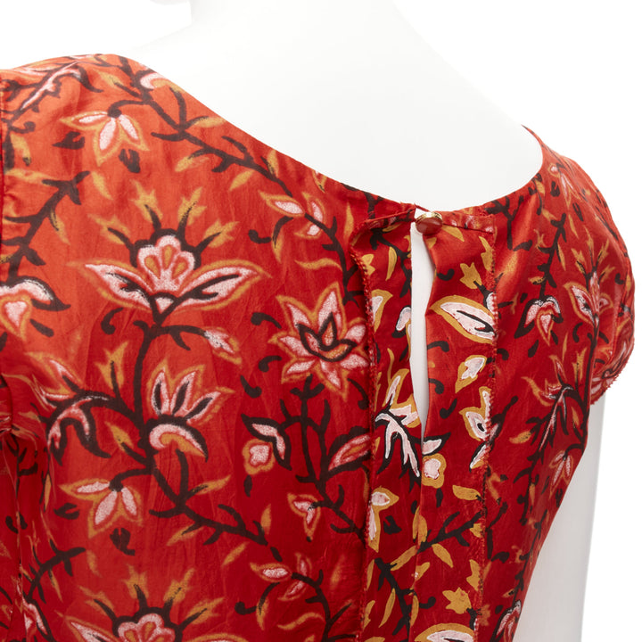 OSCAR DE LA RENTA 2010 100% silk red floral cap sleeve keyhole back top US0 XS