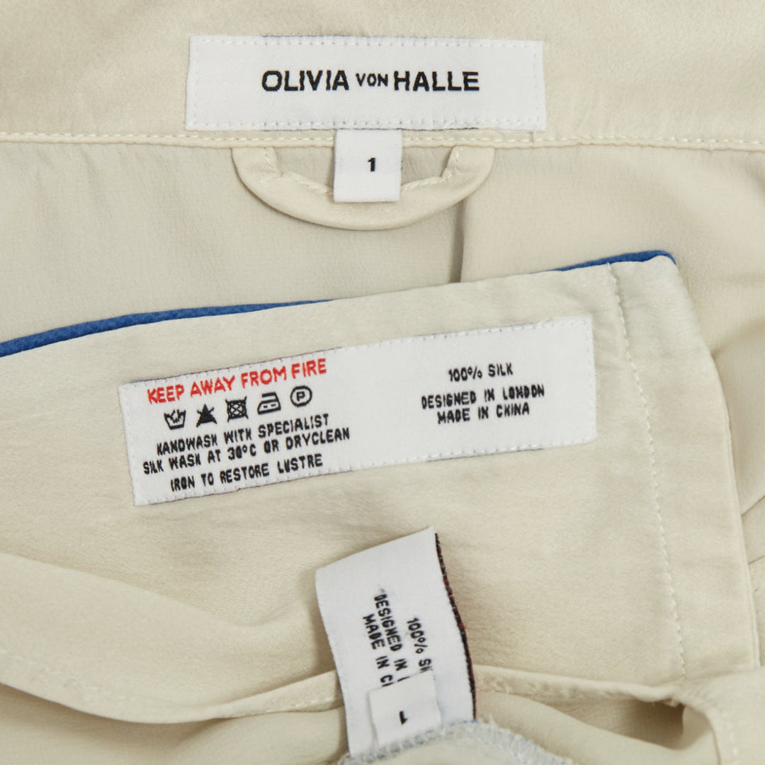 OLIVIA VON HALLE Coco ivory off white blue piping silk sleepwear set Sz1 S