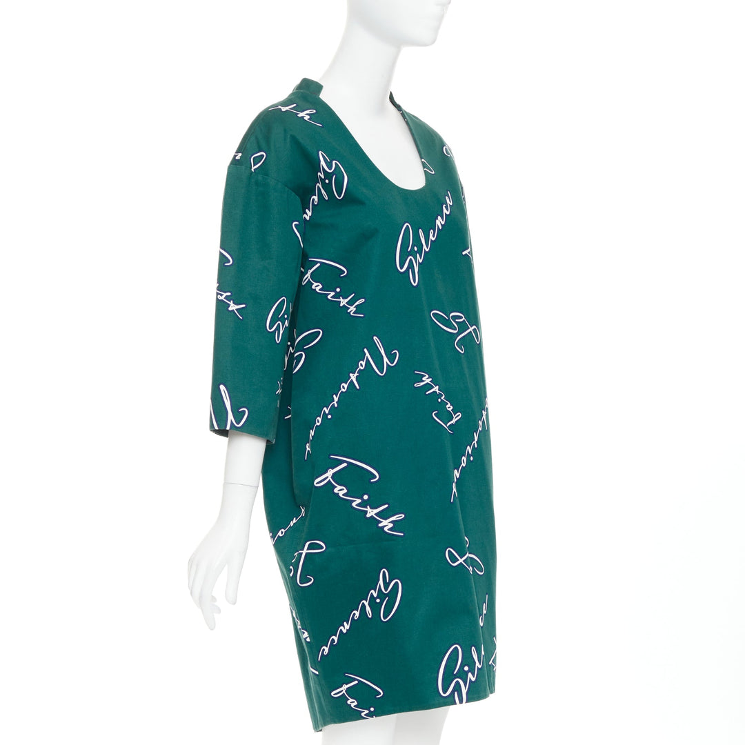 JIL SANDER green white cotton italic words graphic print cocoon dress FR32 XXS