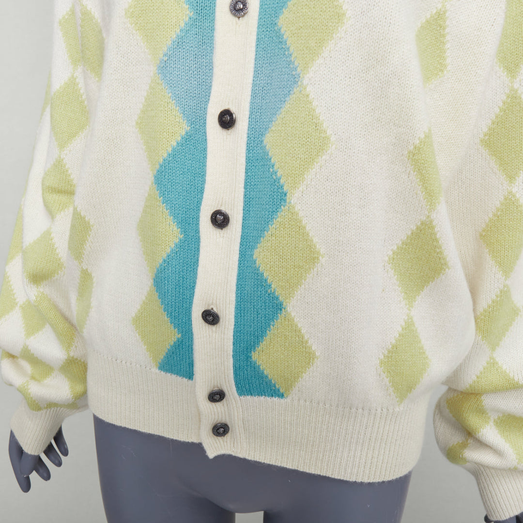 GIANNI VERSACE Vintage yellow green argyle wool cashmere cardigan IT50 L