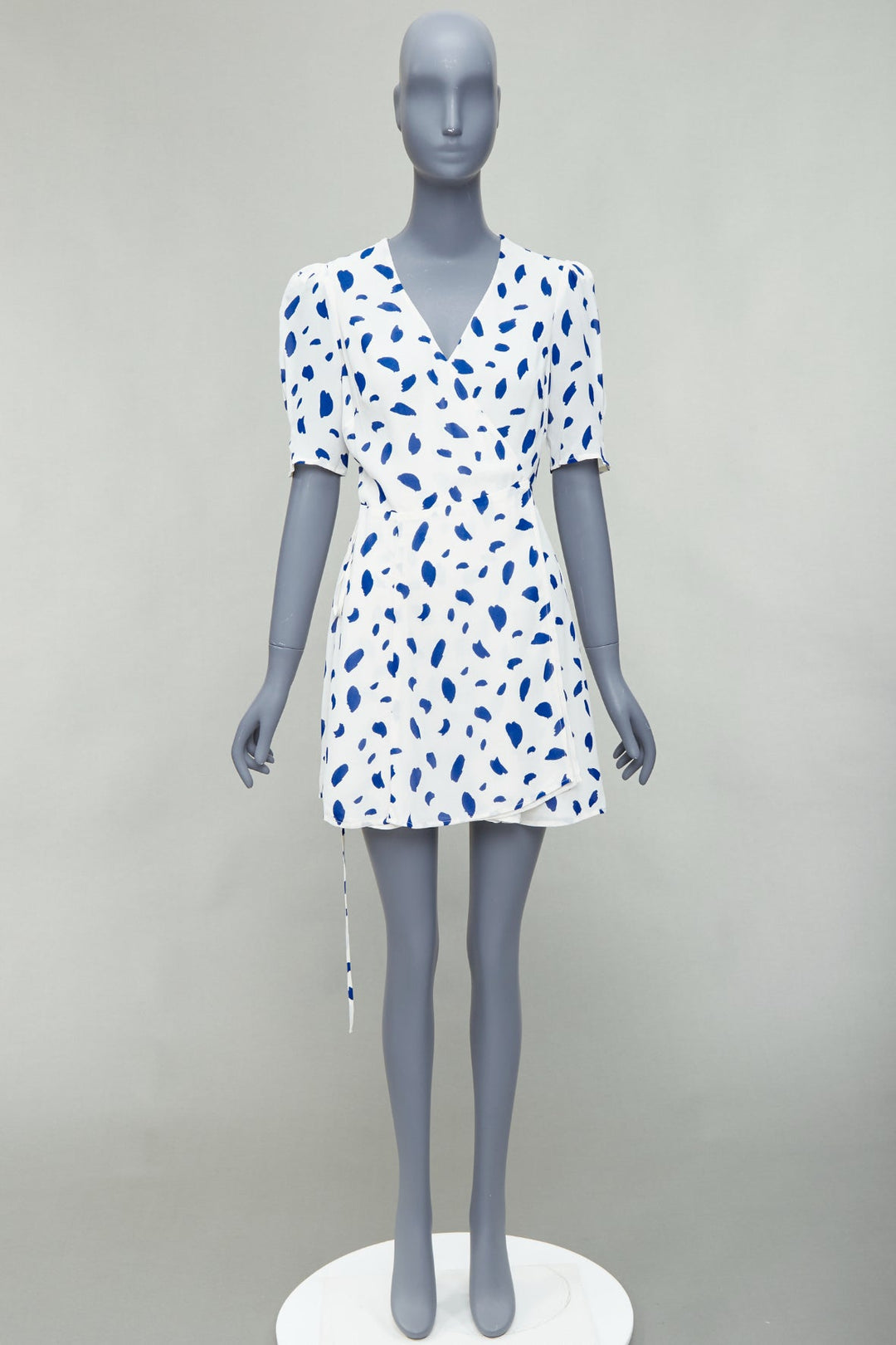 REFORMATION Lucky blue white Dalmatian print puff sleeve wrap dress M