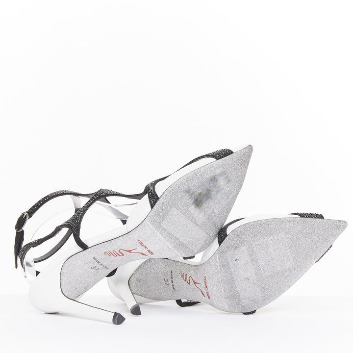 RENE CAOVILLA black white crystal cage ankle strap stiletto pumps EU37 US7