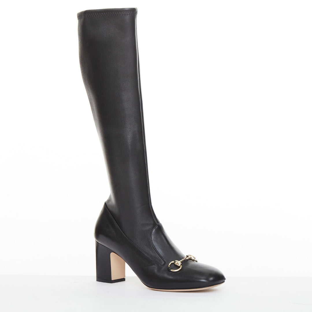 GUCCI Brixton black nappa stretch leather gold horsebit knee high boots EU38.5