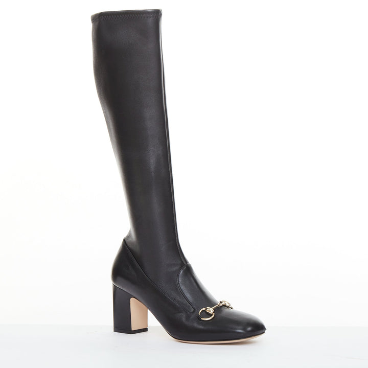 GUCCI Brixton black nappa stretch leather gold horsebit knee high boots EU38.5