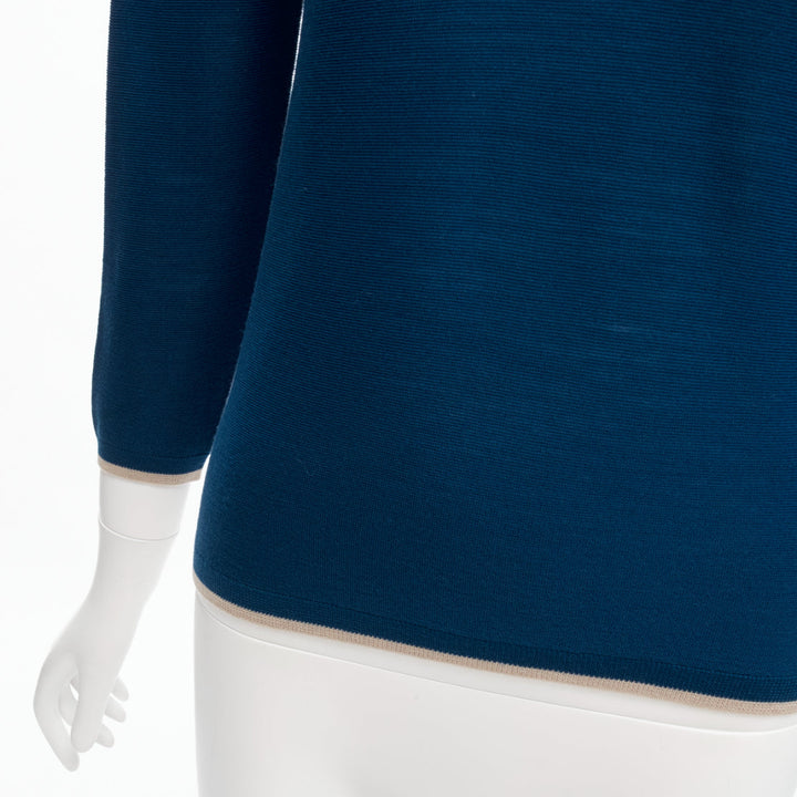 HERMES blue 100% virgin wool H logo buttons knitted polo shirt FR34 XS