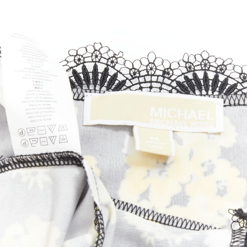 MICHAEL MICHAEL KORS black yellow floral print lace trimmed summer dress M