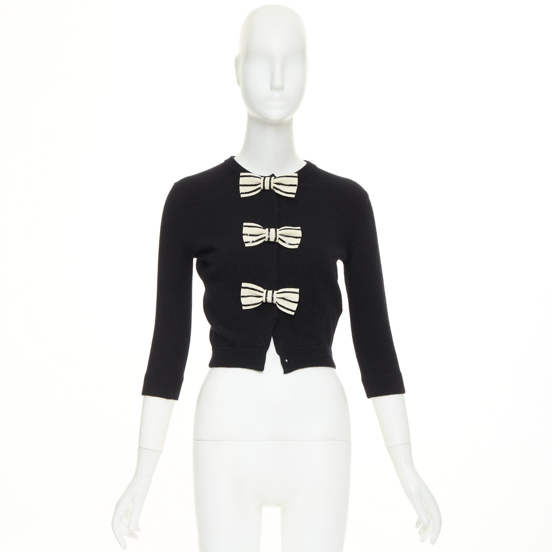 VALENTINO black virgin wool striped sequin trio bow knit cardigan XS