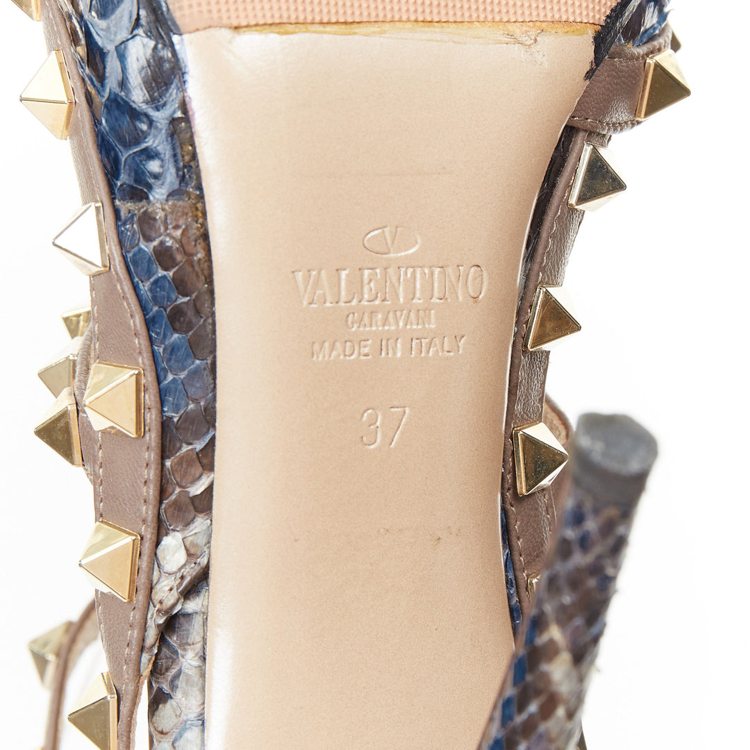VALENTINO Rockstud python leather beige cage ankle strap stiletto pumps EU37